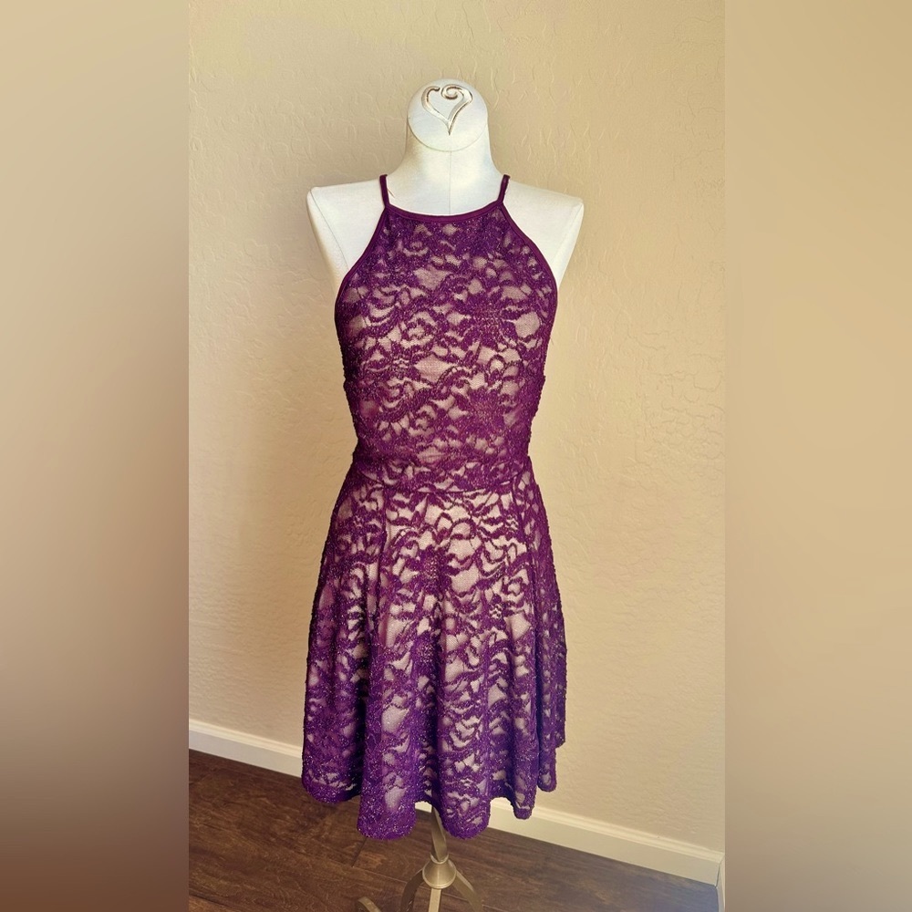 Honey and Rosie burgundy fit and flare dress with lace & sequins